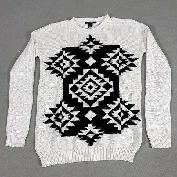 Forever 21 Sweaters - Forever 21‎ Womens Small White Black Geometric Southwestern Knit Cotton Sweater